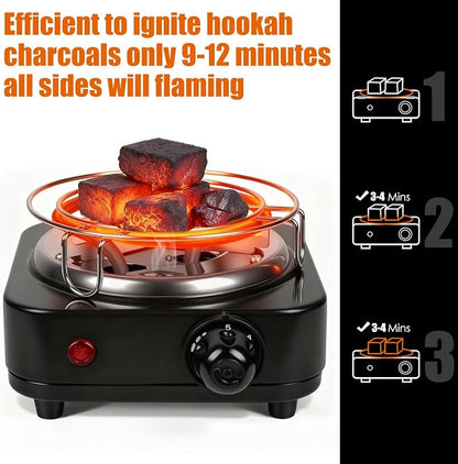 500W Electric Hookah Charcoal Burner - 5 Temperature Gears with Thermostat Safety, Stainless Steel Coil & Bonus Accessories for Indoor/Outdoor Use