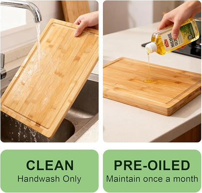 Bamboo Cutting Board for Kitchen, Thickened Chopping Board with Juice Groove & Handles, Large Double Sided Butcher Block for Meat, Vegetables & Charcuterie Serving, 17x12x1 Inch