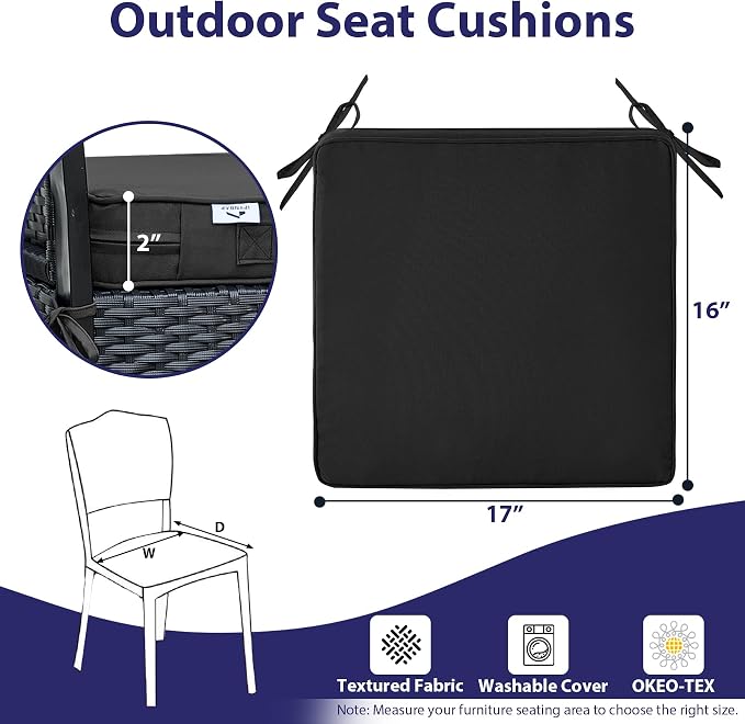 IPYNBAP Outdoor Chair Cushions Set of 4 -Waterproof Outdoor Seat Cushions for Patio Furniture, Patio Chair Cushion with Handle and Ties, Out Door Chair Pads,17x16x2-Square, Black