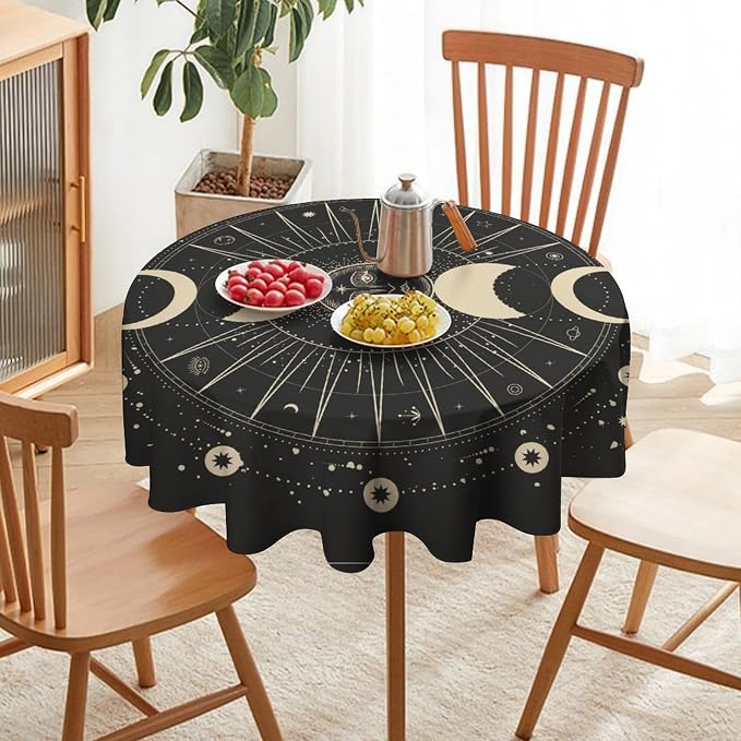 Vintage Moon Sun Round Tablecloth Moon Phase Star Galaxy Zodiac Signs Moonlight Table Cloth Water Resistant Wipeable Table Cover for Farmhouse Picnic Party Holiday Kitchen Dinner Table 70"