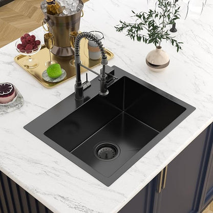 22 In Gunmetal Black Drop Bar Sink 22 x 18 Inch Kitchen Sink 18 Gauge Stainless Steel Single Bowl Topmount Handmade Sink for Outdoor, RV, 22x18x9