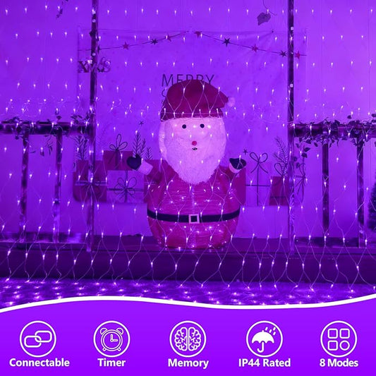 QITONG Purple Net Lights Outdoor Mesh Lights, 360 LED 12ft x 5ft Christmas Net Light with 8 Modes, Clear Wire Bush Light Plug in