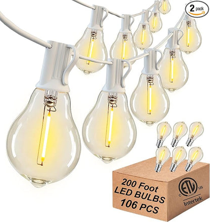 Outdoor String Patio Lights White 200FT Waterproof Lights for Wedding Party | 2FT Bulbs Spacing, 2x100FT Connectable White Outdoor Lighting with 105 Plastic Dimmable LED Bulbs for Backyard Bistro Balcony