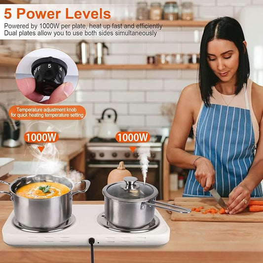 2000W Double Burner, Electric Hot Plate for Cooking Portable Cooking Stove, Countertop Burner Cooktop for Kitchen, Dorm, Temperature Control, Easy to Clean, White