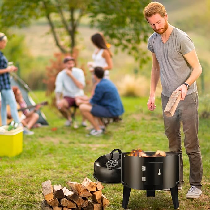 Vertical 19Inch Round Charcoal Smoker Grill,Heavy-Duty BBQ Smoker for Outdoor Smoking Multi-Layer Pellet Ideal for Meats-Offset Charcoal Grill with Hook,Thermometer,Black