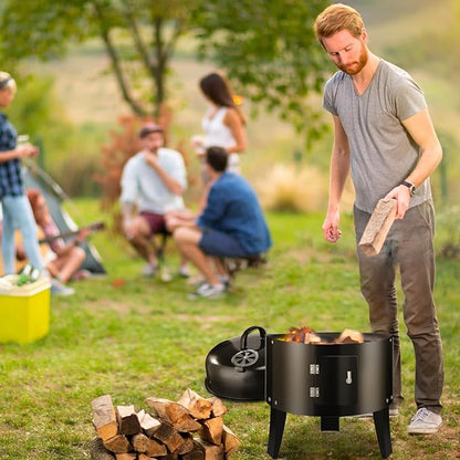 Vertical 19Inch Round Charcoal Smoker Grill,Heavy-Duty BBQ Smoker for Outdoor Smoking Multi-Layer Pellet Ideal for Meats-Offset Charcoal Grill with Hook,Thermometer,Black