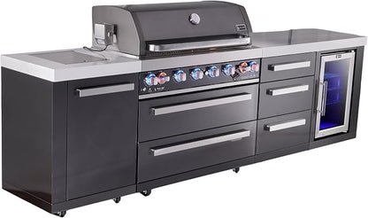 Mont Alpi 119"W x 23"D x 46"H Black Stainless Steel Outdoor Kitchen Island with Refrigerator + 44"W 6-Burner BBQ Gas Grill + Granite Countertops + Storage Cabinets + Drawers + Rotisserie Kit + Cover