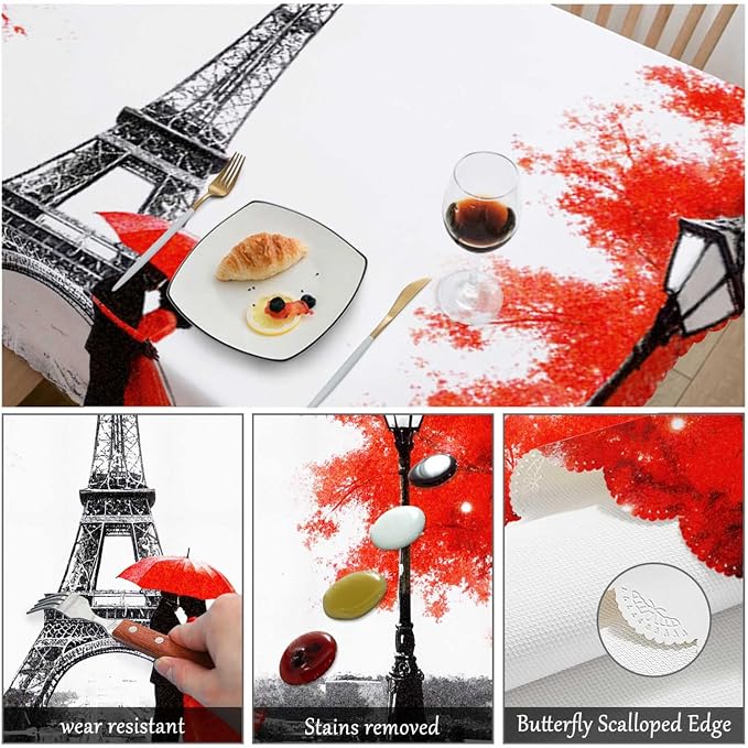 Swono Paris Table Covers 52x70 Inch France Eiffel Tower Couple Umbrella Wipeable Tablecloth Kitchen Dinning Tabletop Decoration, Red Grey Table Cloth for Outdoor and Indoor Use