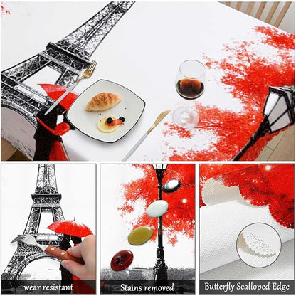 Swono Paris Table Covers 52x70 Inch France Eiffel Tower Couple Umbrella Wipeable Tablecloth Kitchen Dinning Tabletop Decoration, Red Grey Table Cloth for Outdoor and Indoor Use