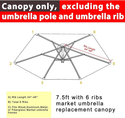 ABCCANOPY 7.5ft Outdoor Umbrella Replacement Top Suit 6 Ribs (Tan) | 1 Year No Fading,Blocks 95% Harmful Rays,Double-Stitch Seams, Easy Install & Storage,Canopy Only,Ideal for Patio, Garden