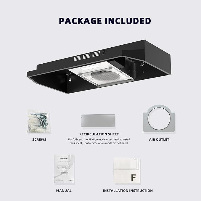 FIREGAS Black Range Hood 30 inch Under Cabinet, Ducted/Ductless Convertible Kitchen Hood, Stainless Steel Stove Vent Hood with 2 Speed Exhaust Fan, Rocker Button Control, 300 CFM Powerful Suction