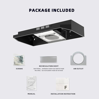 FIREGAS Black Range Hood 30 inch Under Cabinet, Ducted/Ductless Convertible Kitchen Hood, Stainless Steel Stove Vent Hood with 2 Speed Exhaust Fan, Rocker Button Control, 300 CFM Powerful Suction
