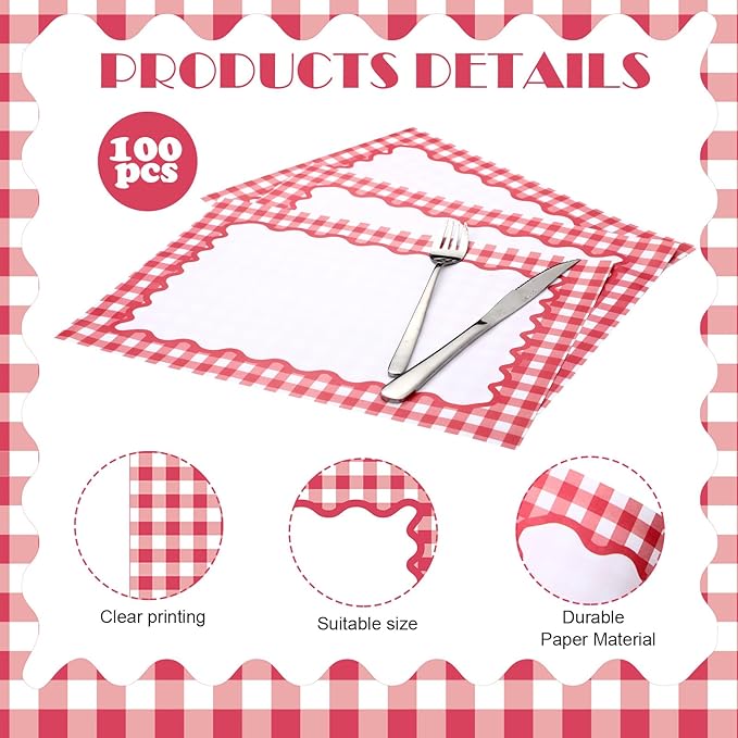 Eaasty 100 Pcs Disposable Red Gingham Paper Placemats Summer Checkered Picnic BBQ Paper Table Place Mat Double Sided for Baby Showers Wedding Birthday Tea Parties Dinner Table Decorations