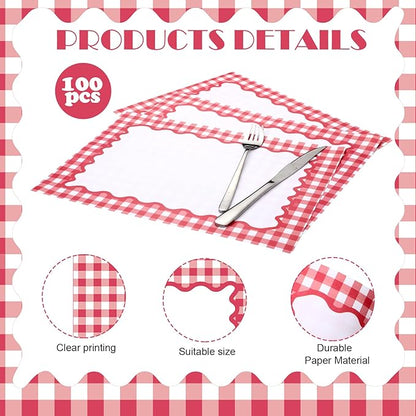 Eaasty 100 Pcs Disposable Red Gingham Paper Placemats Summer Checkered Picnic BBQ Paper Table Place Mat Double Sided for Baby Showers Wedding Birthday Tea Parties Dinner Table Decorations