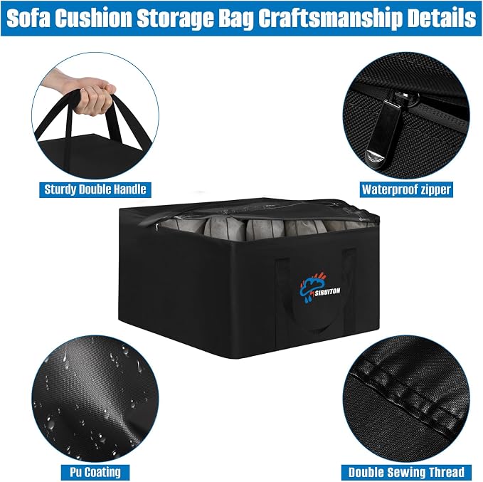 SIRUITON Cushion Storage Bag 600D Oxford,Waterproof,32" L x 32" W x 24" H | Heavy duty, rip proof, with handle & zipper, for patio & garden cushions, UV-resistant, all-weather protection