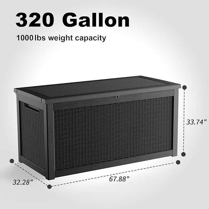 ROJIK 320 Gallon Waterproof Outdoor Deck Storage Box, Lockable Resin Patio Storage Bin with Lid for Garden Tools, Patio Cushions & Outdoor Accessories(Black)