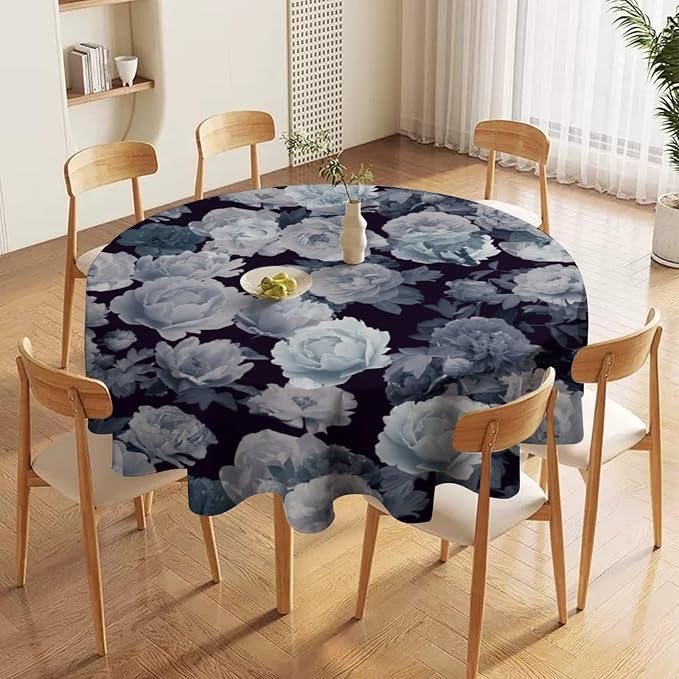 Vintage Florals Round Tablecloth, Gothic Black Garden Peonies Flowers Rustic Roses Boho Botanical Plant Water Resistant Wipeable Table Cover for Picnic Party Holiday Kitchen Dinner Table 36"