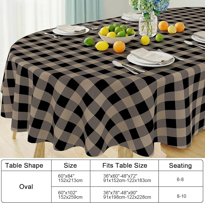 Smiry Oval Table Cloth, Vinyl Tablecloths with Flannel Backing, 60"x84" | Waterproof Picnic Table Cloth, Wipeable Buffalo Plaid Table Cover for Indoor and Outdoor (Black & Khaki)