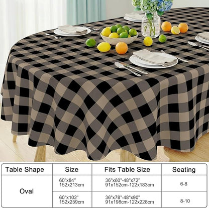 Smiry Oval Table Cloth, Vinyl Tablecloths with Flannel Backing, 60"x84" | Waterproof Picnic Table Cloth, Wipeable Buffalo Plaid Table Cover for Indoor and Outdoor (Black & Khaki)