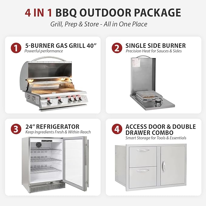 BLAZE BBQ Outdoor Package of 32” LTE Built-in Gas Grill, LTE Built-In Double Side Burner, 32” Door & Two Drawers Combo, 20” Refrigerator and Accessories (Grill Cover, Fridge Trim, and Rotisserie Kit)