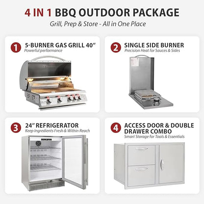 BLAZE BBQ Outdoor Package of 32” LTE Built-in Gas Grill, LTE Built-In Double Side Burner, 32” Door & Two Drawers Combo, 20” Refrigerator and Accessories (Grill Cover, Fridge Trim, and Rotisserie Kit)