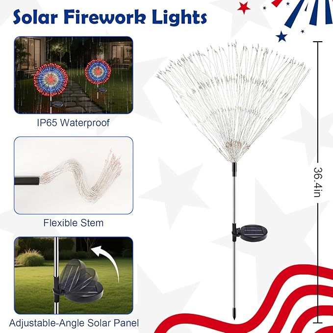 4th of July Decorations Solar Fireworks Lights for Outside, 2 Pack 180LED Red White Blue Solar Lights Outdoor with 8 Mode, Firework Patriotic Light for 4th of July Memorial Day Party Decoration