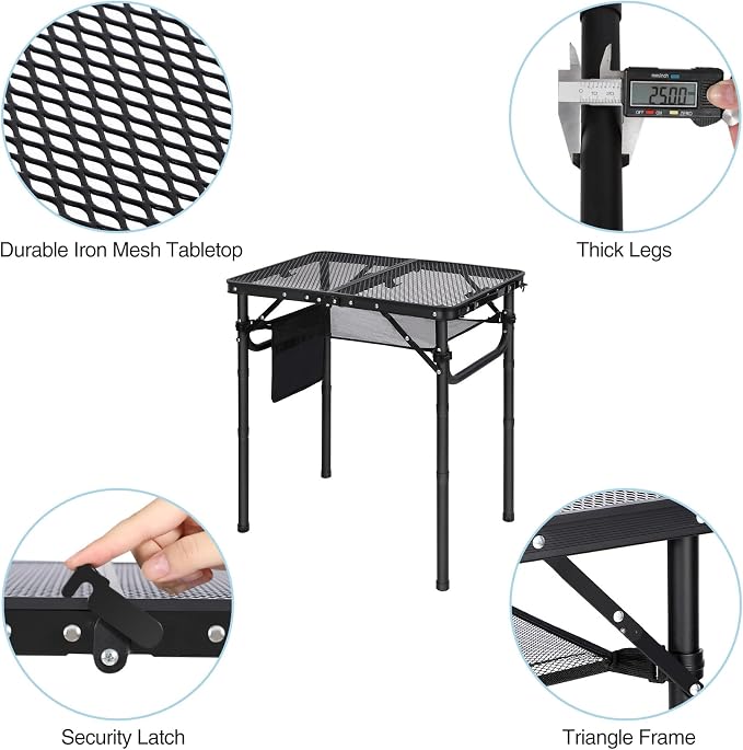 Folding Grill Table, Lightweight Height Adjustable Aluminum Table with Mesh Desktop and Mesh Bag for Outdoor Camping Picnic BBQ, Small 2 Feet, Black