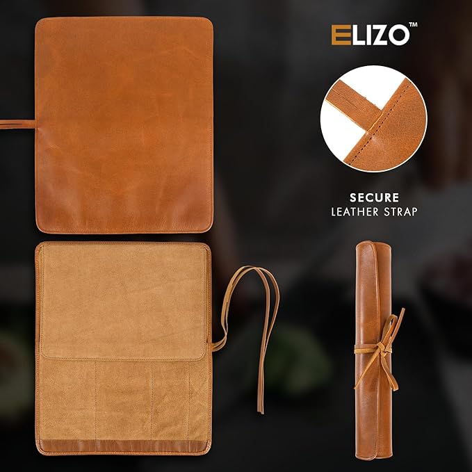 ELIZO Leather Knife Roll Bag Professional Chef Knife Case, Durable Knife Sheath Holder, Cooks & Culinary Tools Carrying Storage, Portable Knife Wrap - 4 Slots