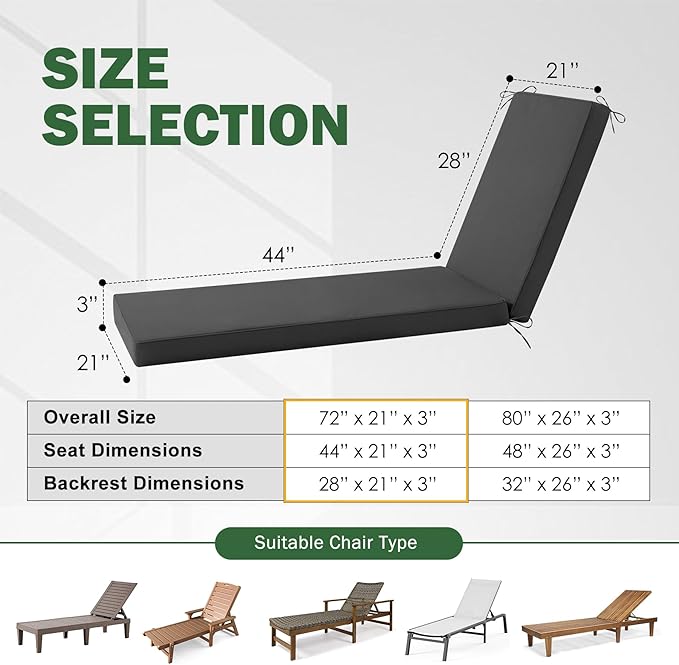 Chaise Lounge Cushions Outdoor, 72x 21x 3 Inch Waterproof & Fade-Resistant Lounge Chair Cushion, Outdoor Chaise Cushion with Removable Cover & Ties for Lawn, Patio, Pool & Beach, Dark Grey