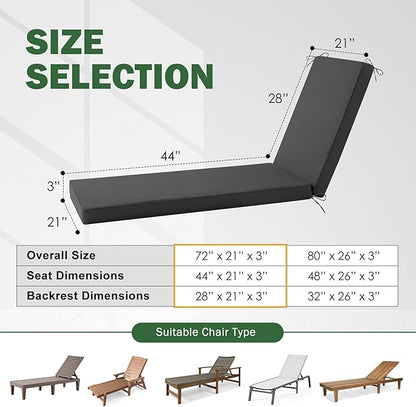 Chaise Lounge Cushions Outdoor, 72x 21x 3 Inch Waterproof & Fade-Resistant Lounge Chair Cushion, Outdoor Chaise Cushion with Removable Cover & Ties for Lawn, Patio, Pool & Beach, Dark Grey