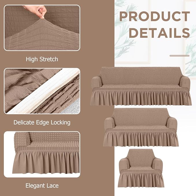 Fanfanwin 3 Pcs Sofa Slipcover Set for Couch Cushion Durable Washable High Elastic Stretchable Furniture Couch Covers with Skirt for Sofa Loveseat Arm Chair(Khaki,Seersucker)