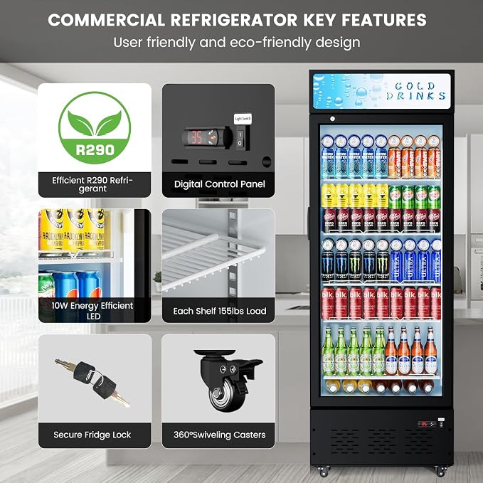 Commercial Display Refrigerator Glass Door 15.1 cu.ft Commercial Beverage Refrigerators with LED and Shelves for Cafe, Restaurant, Store