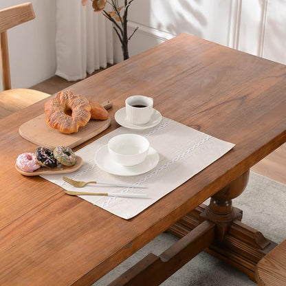 Wracra Cotton Linen Place Mats, Ivory Embroidered Placemats Set of 4 | Placemats 12 x 18 Inch; Cotton Linen Woven Fabric; Heat Resistant Table Mats; Raised Embroidered Hollow Design