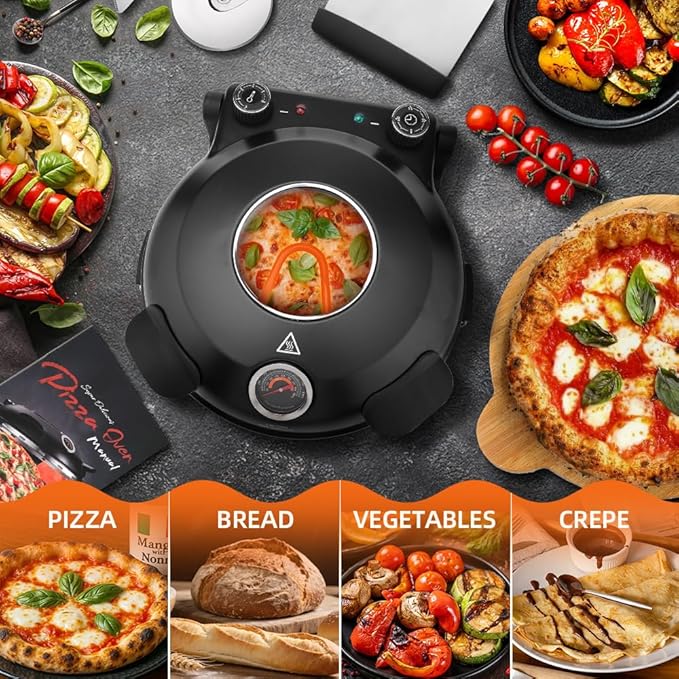 Electric-Pizza-Oven-Indoor, 12 Inches Countertop Cooker,800℉ Electric Pizza Maker with Timer, Ceramic Stone, Viewing Window, Complete Accessory Kit, Black