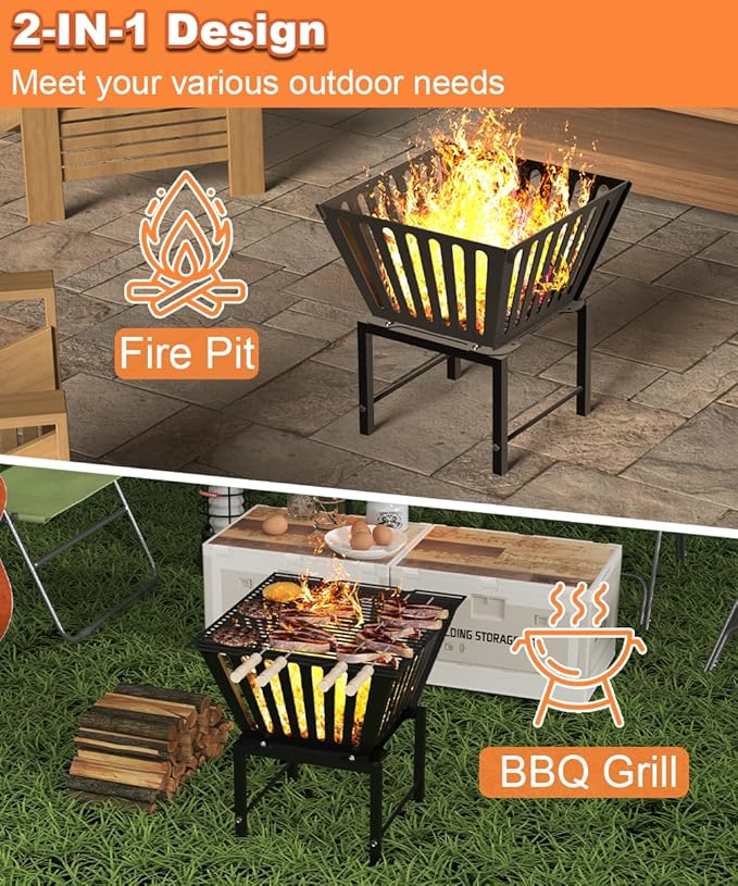 Mondazie Outdoor Fire Pit — 17 Inch Portable with Storage Bag for Camping, Patio Heating, Picnic and BBQ, Trapezoid Vertical Hollow, Black