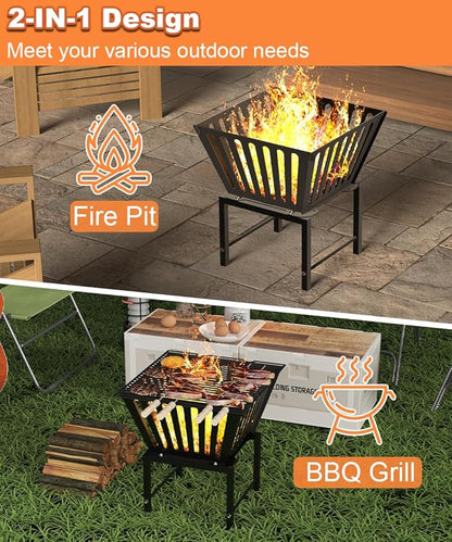 Mondazie Outdoor Fire Pit — 17 Inch Portable with Storage Bag for Camping, Patio Heating, Picnic and BBQ, Trapezoid Vertical Hollow, Black