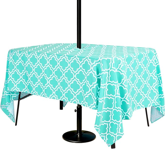 Poise3EHome Outdoor Tablecloth Rectangle with Umbrella Hole Waterproof Spillproof for Patio Table Picnic Camping Spring Summer, Aqua Blue (52X70 Zipper)