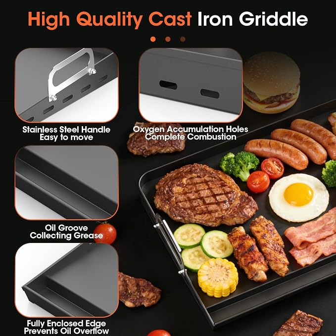 EUTRKei 17"x13" Nonstick Griddle for Gas Grill, Cast Iron Griddle for Stove | Plancha Para Cocinar with Grease Groove, Reinforced Flat Top & Effortless Cleanup, for Parties, Camping &Tailgating
