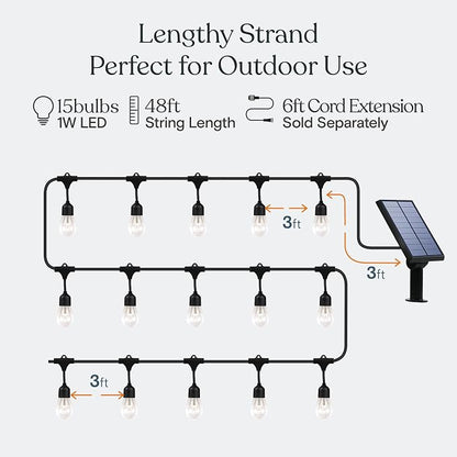 Brightech Ambience Pro - 48 Ft Waterproof, Solar Power Outdoor String Lights - 1W LED Hanging Edison Bulbs Create Bistro Ambience in Your Yard - Commercial Grade, Shatterproof - 15 Lights, Soft White