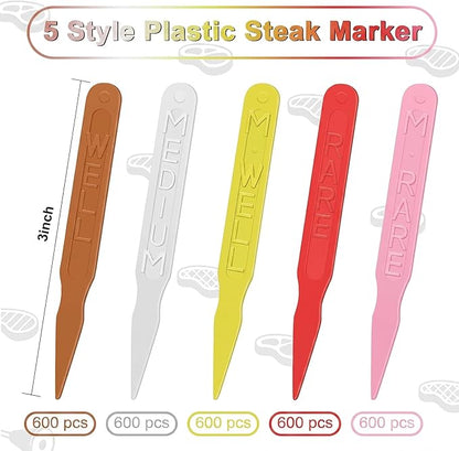 Kigley 3000 Pcs 3 Inch Steak Markers, Colorful Plastic Meat Doneness Picks Steak Temperature Sticks Assorted Doneness Label Rare, Medium Rare, Medium Well, Well for Catering, Barbecue, Party, Picnic