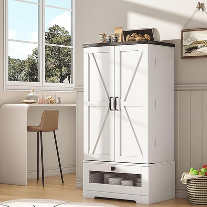 kepptory Farmhouse Pantry Cabinet with Barn Door & Adjustable Shelves, Freestanding Kitchen Storage Cabinet for Dining Room, Bathroom, Hallway (White)