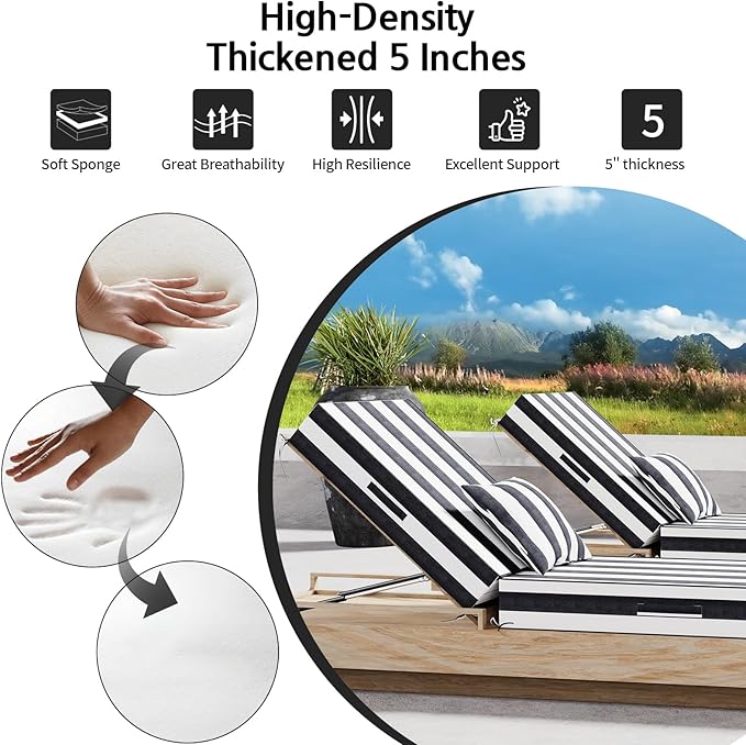 Outdoor Water-Resistant Olefin Chaise Lounge Cushions with Pillow, Weather and Fade Resistant Patio Furniture Lounge Chair Cushion Ideal for Patio, Lawn, Garden, Pinto, 72" L x 21" W x 5" T