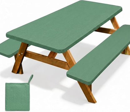 Picnic Table Cover with Bench Covers Windproof Waterproof Picnic Table Covers Camping Tablecloth with Self-Storage Bag, 72in, Sage