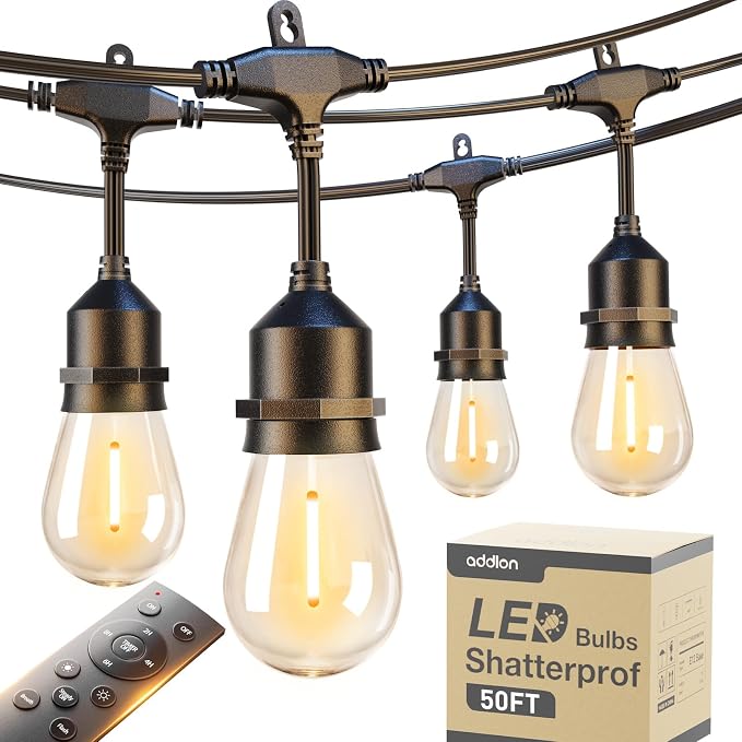 addlon 50FT Outdoor String Lights with Remote Dimmable Waterproof Patio | Warm White Edison Bulbs, Heavy Duty Shatterproof Hanging Strand for Outside Backyard Porch Garden Bistro Pergola Party
