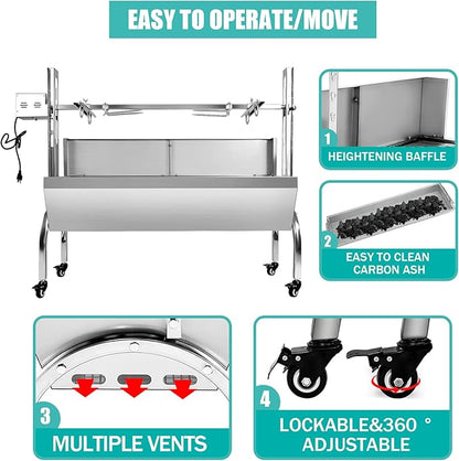 Rotisserie Grill Charcoal Spit Roaster, Stainless Steel 48.6" Pig Lamb Hooded Roaster Charcoal Spit With 25W Motor & Adjustable Height Lockable Casters For Party Barbecue,176 LBS With Baffle