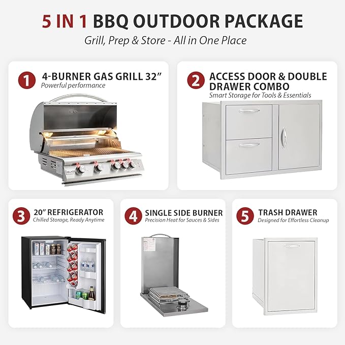 BLAZE BBQ Outdoor Gas Grill Package of 32” LTE Built-in Gas Grill, Dop-In Single Side Burner, 32” Door & Two Drawers Combo, Roll Out Double Trash Drawer, 20” Compact Refrigerator, and Accessories