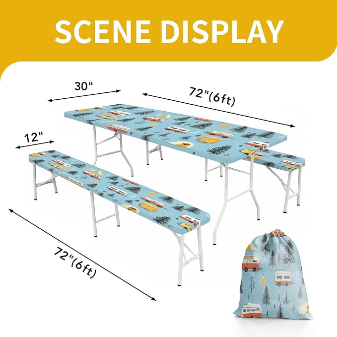 Picnic Table Cover with Bench Covers, 72 X 30 Inch Elastic Fitted Camping Tablecloth with Strap Design for 6FT Rectangle Tables, Windproof Outdoor Tablecloth Set with Storage Bag