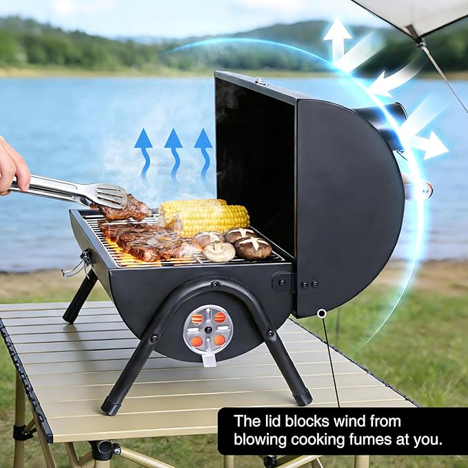 Portable Charcoal Grills with Thermometer, Heavy Duty Small BBQ Grill, Easy to Carry Compact Outdoor Camping Grill with Lid for Backyard Party Picnic Travel Hiking Beach Cooking