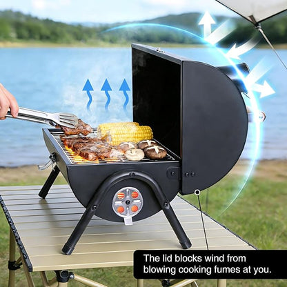 Portable Charcoal Grills with Thermometer, Heavy Duty Small BBQ Grill, Easy to Carry Compact Outdoor Camping Grill with Lid for Backyard Party Picnic Travel Hiking Beach Cooking