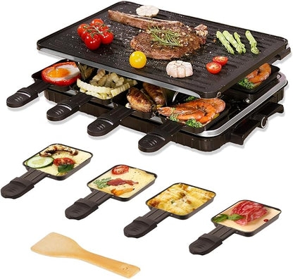 VNIMTI Raclette Table Grill, Electric Indoor Korean Barbecue Grill, Portable BBQ Tabletop Griddle, 2 in 1 Reversible Non-stick Plate, 1300W Fast Heating Crepe Maker with 8 Square Raclette Cheese Pans